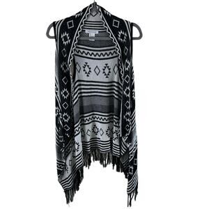 Hera Collection Black White Aztec Print Lightweight Open Sweater Vest Size M/L